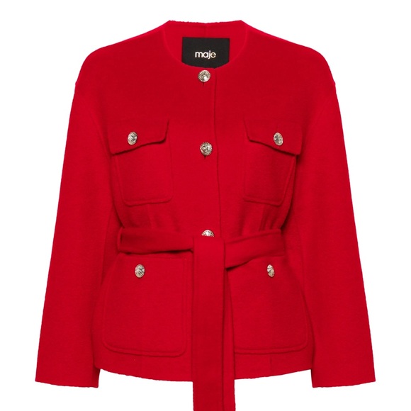 Maje Red Wool coat with Stand-Up Collar and belt! - Picture 1 of 3